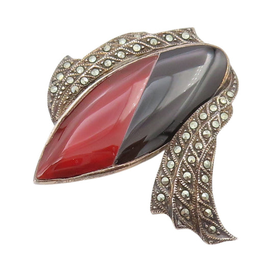 925 Sterling Silver Vintage Brooch Designer Onyx Gemstone & Marcasite  BP11473