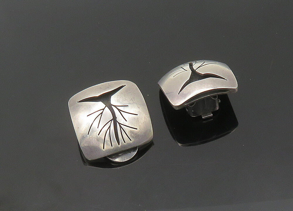 POLAND 925 Silver  Vintage Cutout Tree Motif Non Pierce Drop Earrings  EG10601
