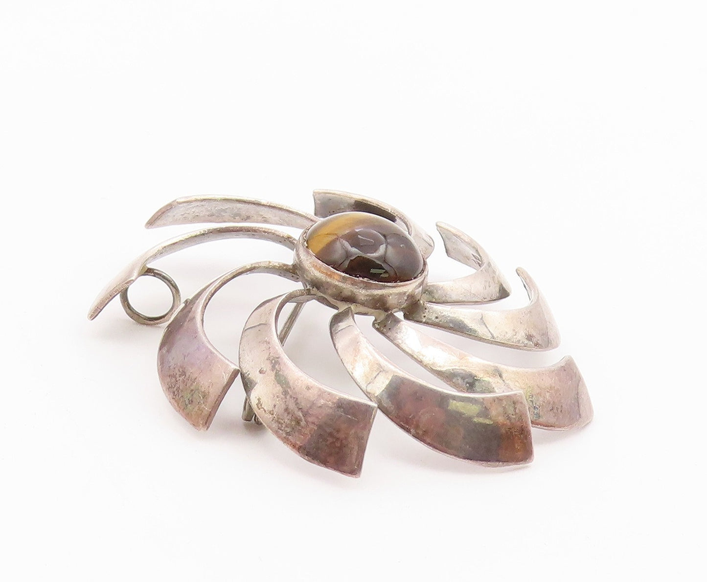 ISRAEL 925 Sterling Silver Vintage Tiger's Eye Spiral Fidget Brooch Pin BP9520