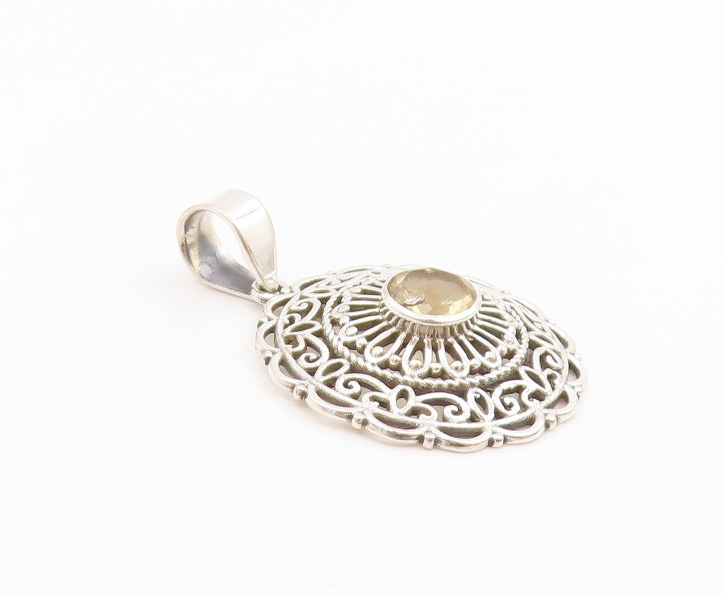 925 Sterling Silver Vintage Pendant Round Cut Citrine Openwork Charm  PT26240