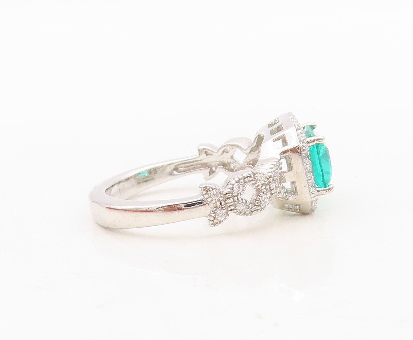 925 Sterling Silver Vintage Ring Rectangle Sea Green Halo White CZ  Sz 7 RG30933