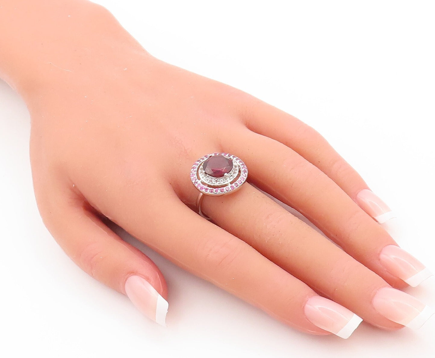 925 Sterling Silver Vintage Ring Round Red & Pink White CZ Rings Sz 7.5  RG29811