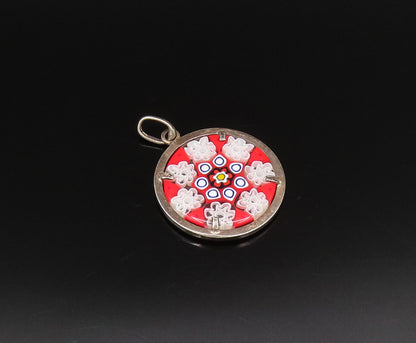 925 Silver  Vintage Double Sided Round Floral Art Glass Pendant  PT21295