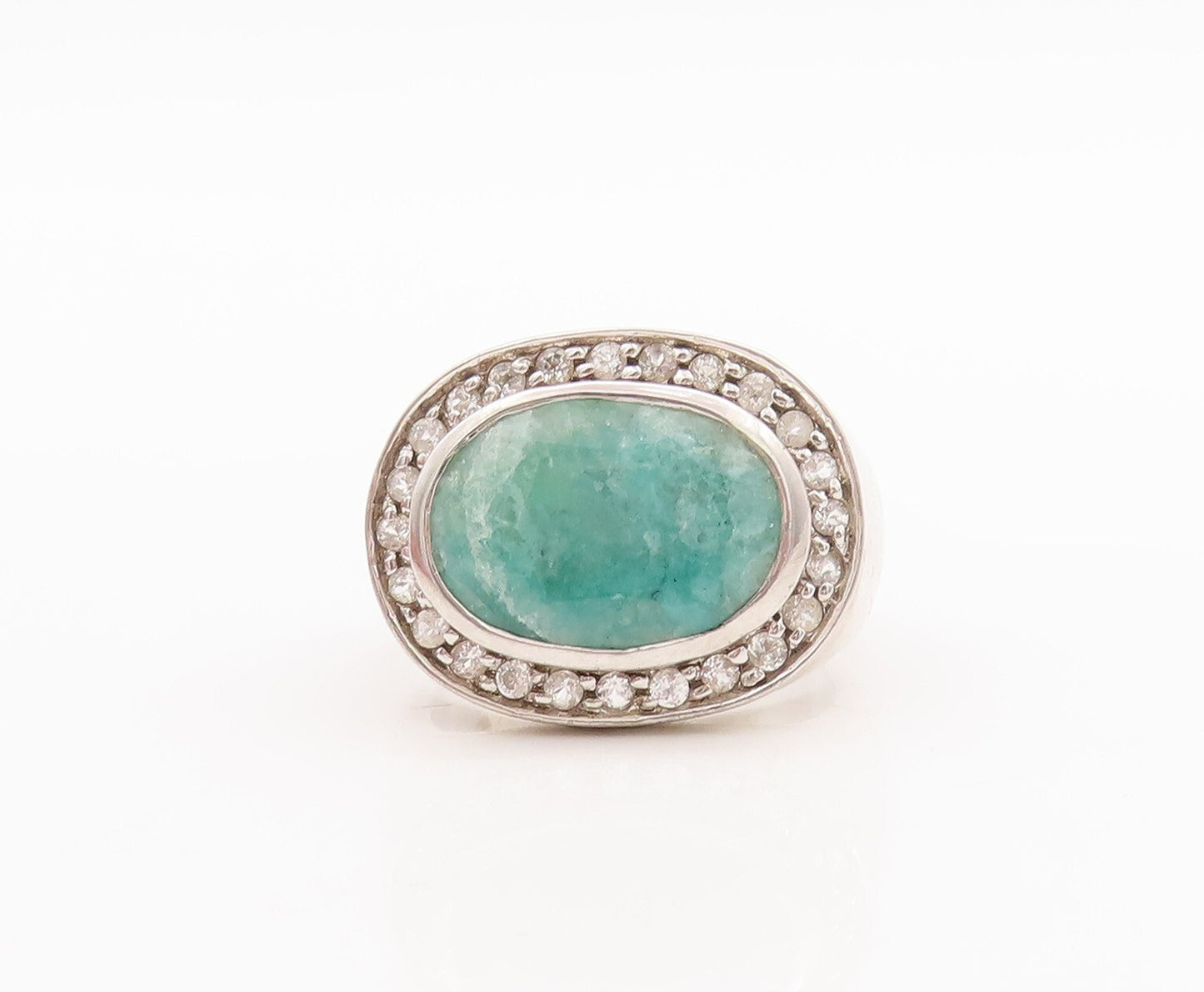 925 Sterling Silver Vintage Ring Oval Cut Green Gemstone CZ Frame  Sz 7  RG29702