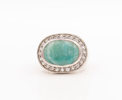 925 Sterling Silver Vintage Ring Oval Cut Green Gemstone CZ Frame  Sz 7  RG29702