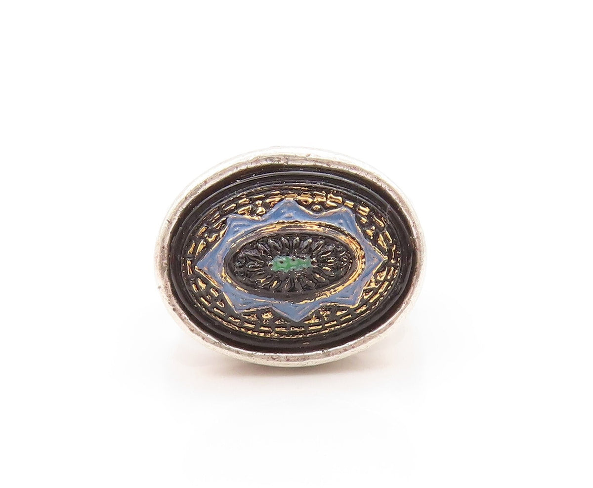 925 Sterling Silver Vintage Ring METAL POINTUS Enameled Design  Sz 9  RG31869