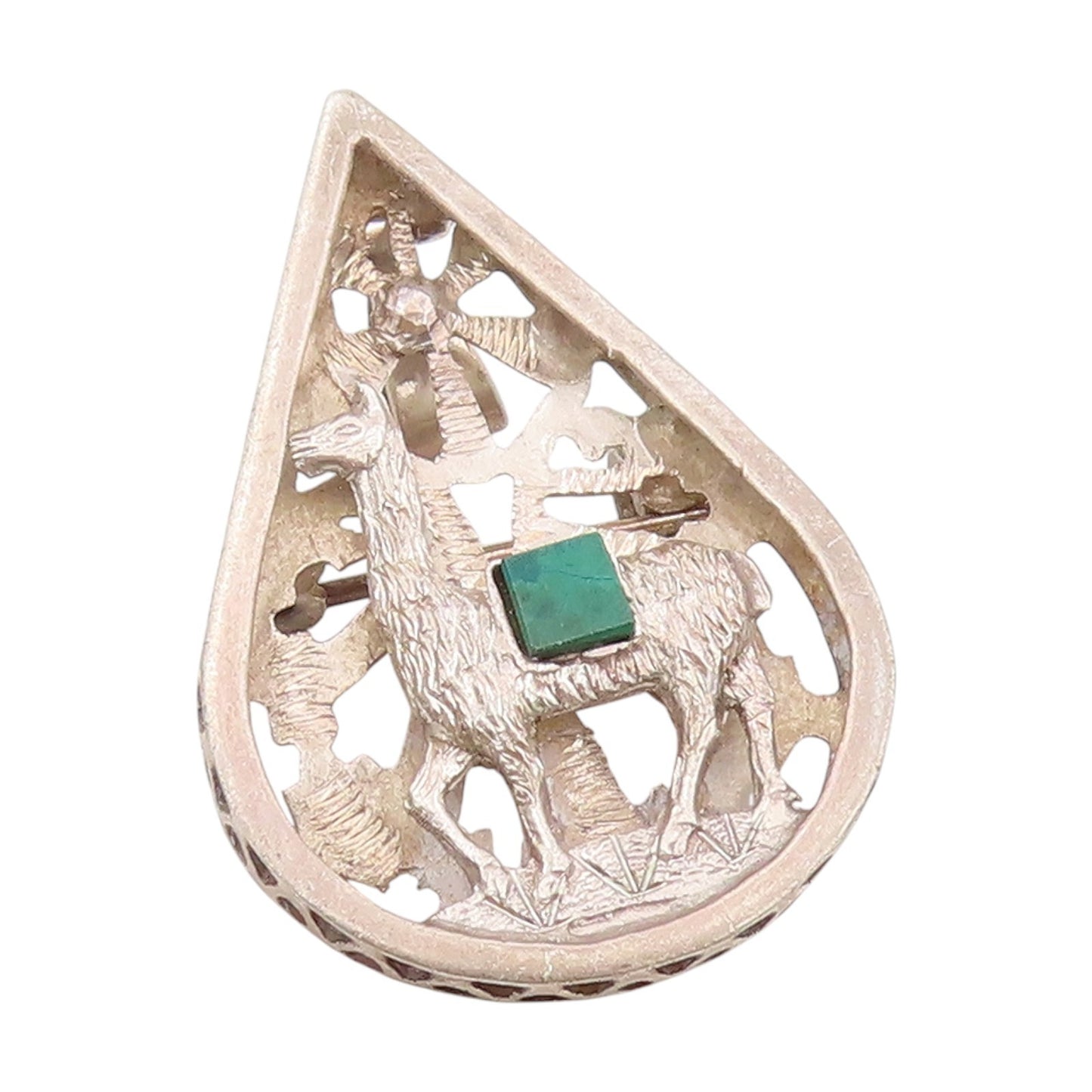 925 Sterling Silver Vintage Brooch Malachite Carved Llama Teardrop Pin  BP12089