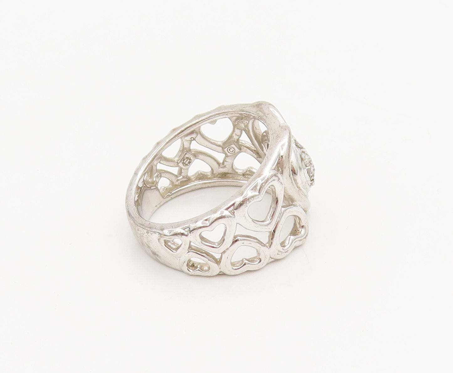 925 Sterling Silver  Vintage Carved Hearts Of Diamonds Broad Ring Sz 7 RG26865
