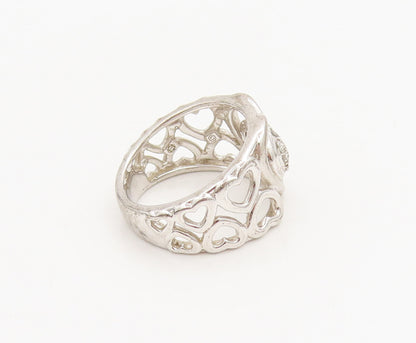 925 Sterling Silver  Vintage Carved Hearts Of Diamonds Broad Ring Sz 7 RG26865