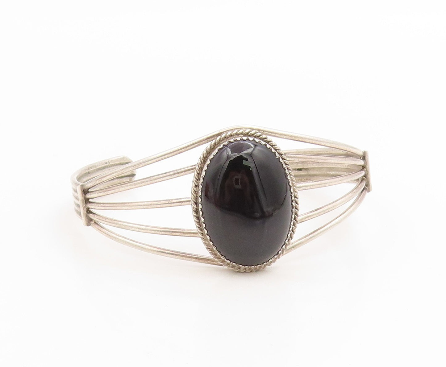 925 Sterling Silver Vintage Bracelet NAVAJO Cabochon Black Onyx Cuff  BT12001