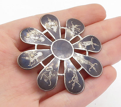 SIAM 925 Sterling Silver Vintage Niello Dancer Floral Brooch Pin BP2649