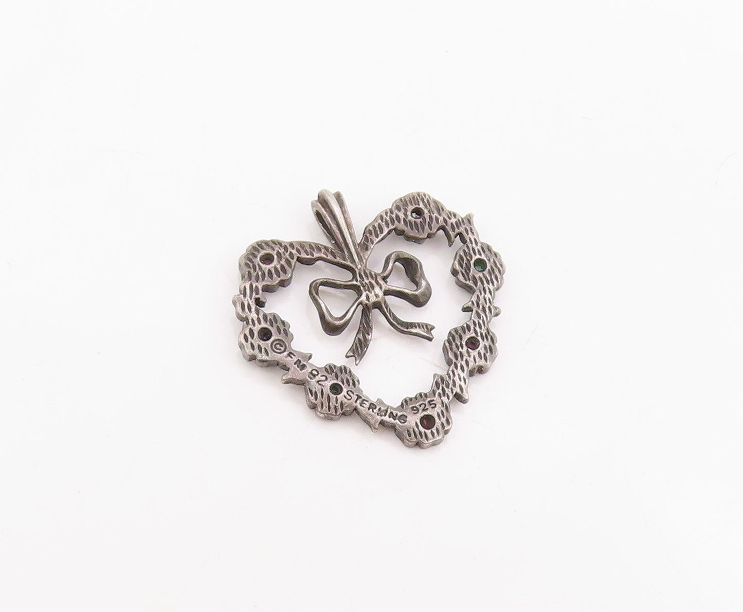 925 Sterling Silver Vintage Pendant Real Gemstones Love Heart & Bow  PT25783