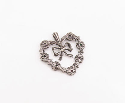 925 Sterling Silver Vintage Pendant Real Gemstones Love Heart & Bow  PT25783