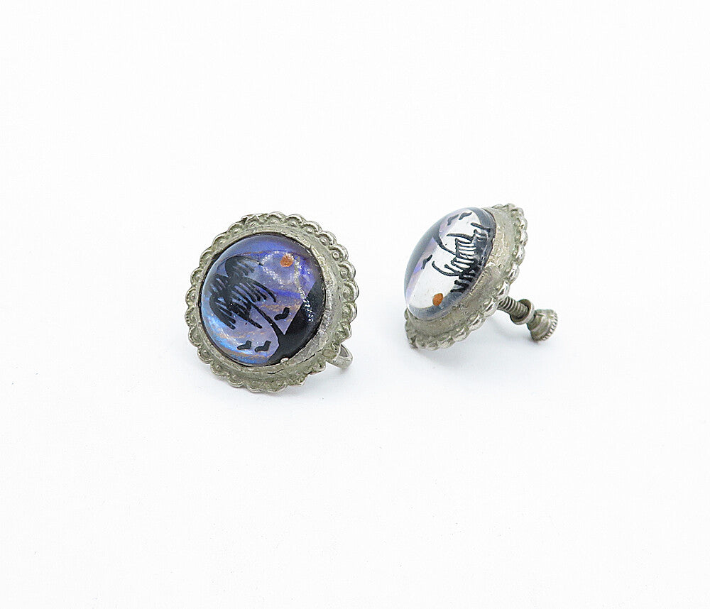 925 Sterling Silver Vintage Island Scene Glass Art Non Pierce Earrings EG2213