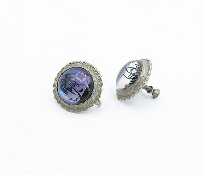 925 Sterling Silver Vintage Island Scene Glass Art Non Pierce Earrings EG2213