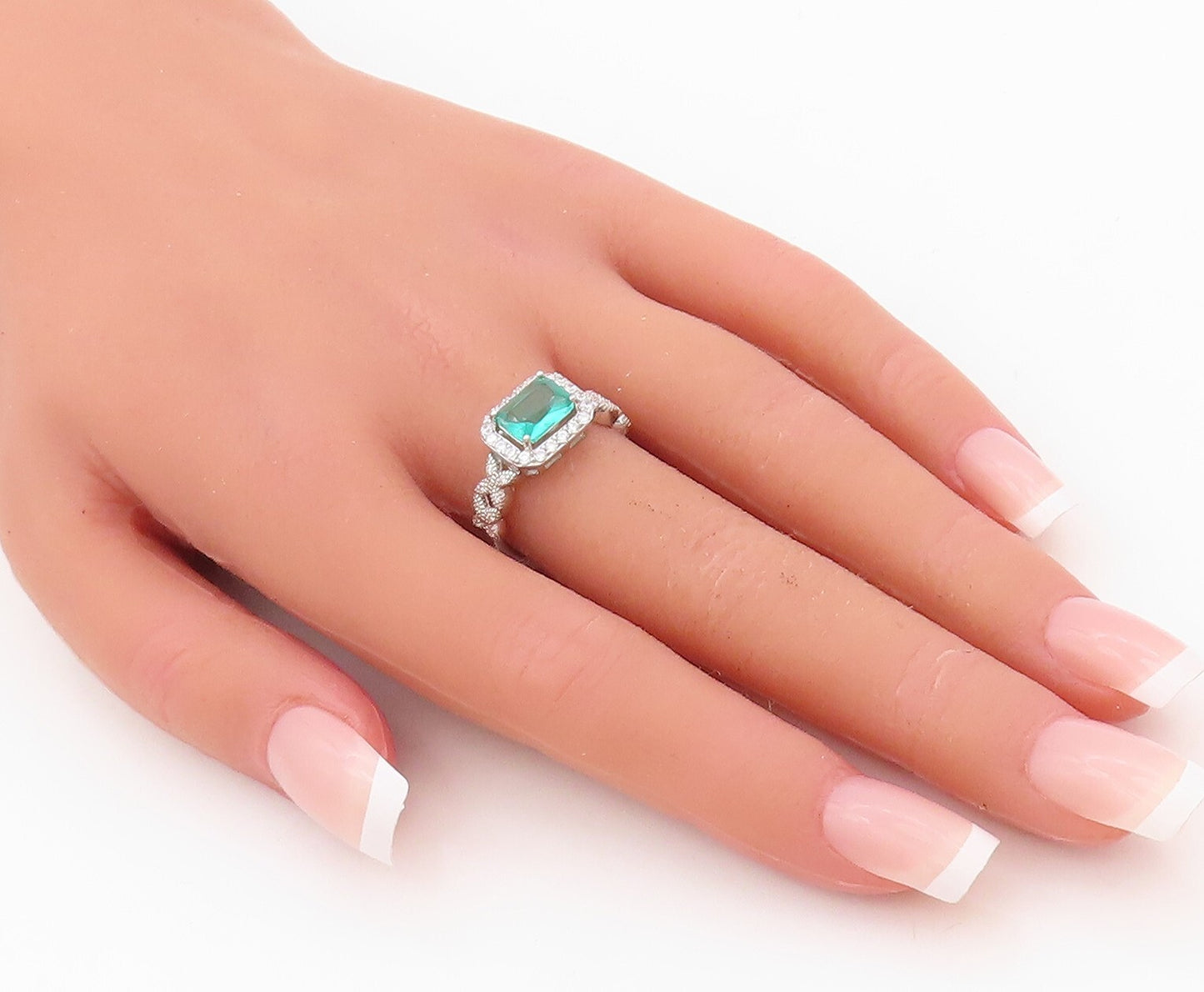 925 Sterling Silver Vintage Ring Rectangle Sea Green Halo White CZ  Sz 7 RG30447