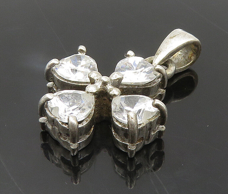 925 Sterling Silver  Vintage Shiny Cubic Zirconia Floral Pendant  PT15259