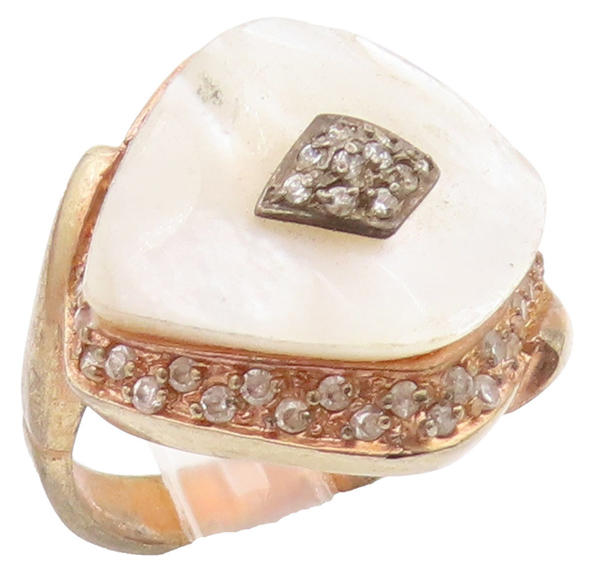 925 Sterling Silver Vintage Ring Gold Plated Mother Of Pearl & CZ  Sz 9  RG36582
