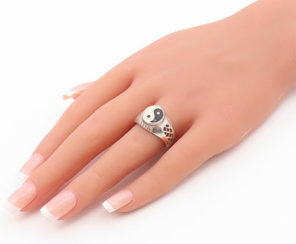 925 Sterling Silver Vintage Ring Classic Enamel Yin Yang Band  Sz 9.5  RG36585