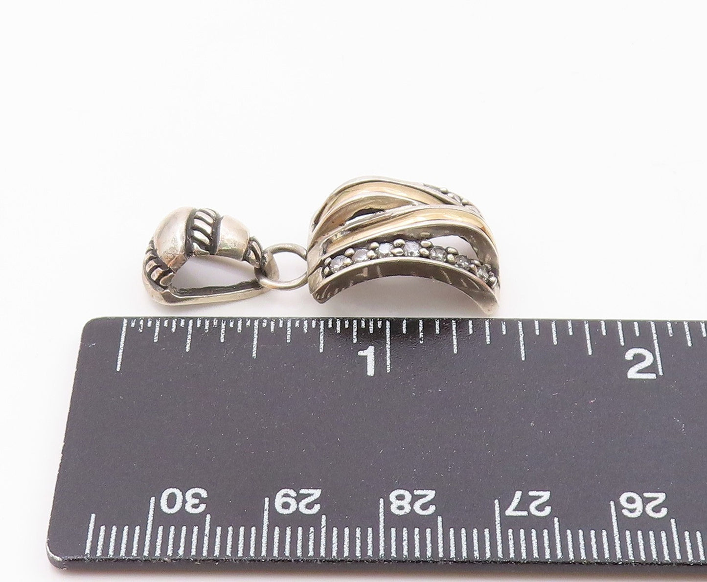 14K GOLD & 925 Silver  Vintage Two Tone Cubic Zirconia Curved Pendant  PT21953