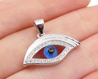 925 Sterling Silver  Sparkling Topaz Open Evil Eye Shiny Drop Pendant  PT5701