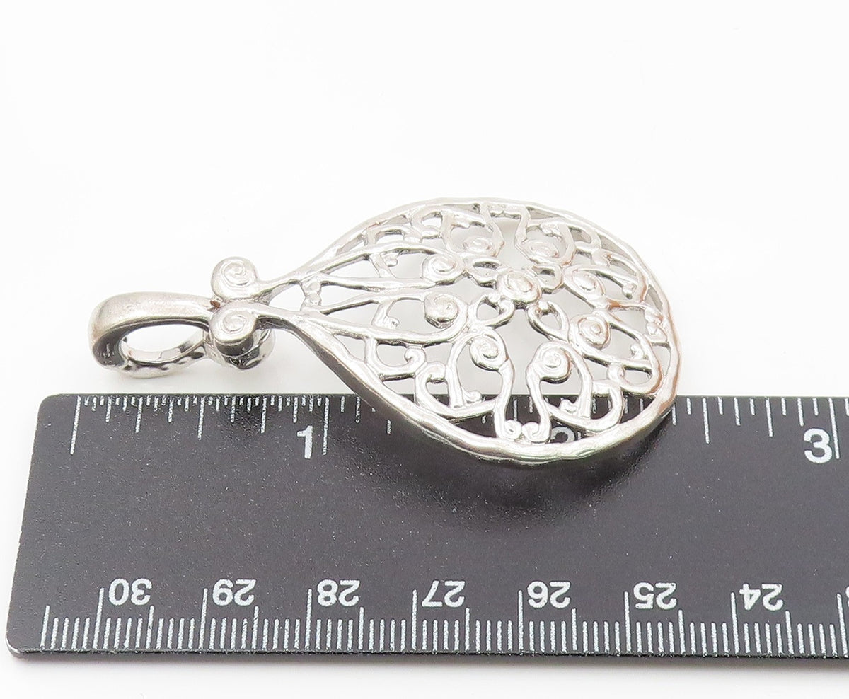 925 Sterling Silver  Vintage Shiny Open Floral Swirl Design Pendant  PT15801