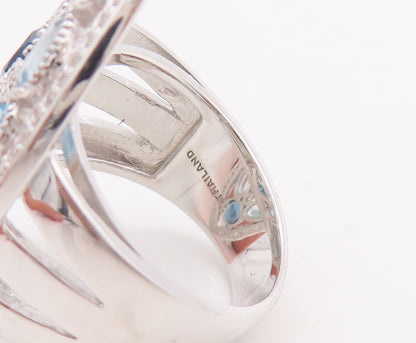 925 Sterling Silver Vintage Ring Carved Oval Cut Blue Topaz Inlay  Sz 7  RG29847