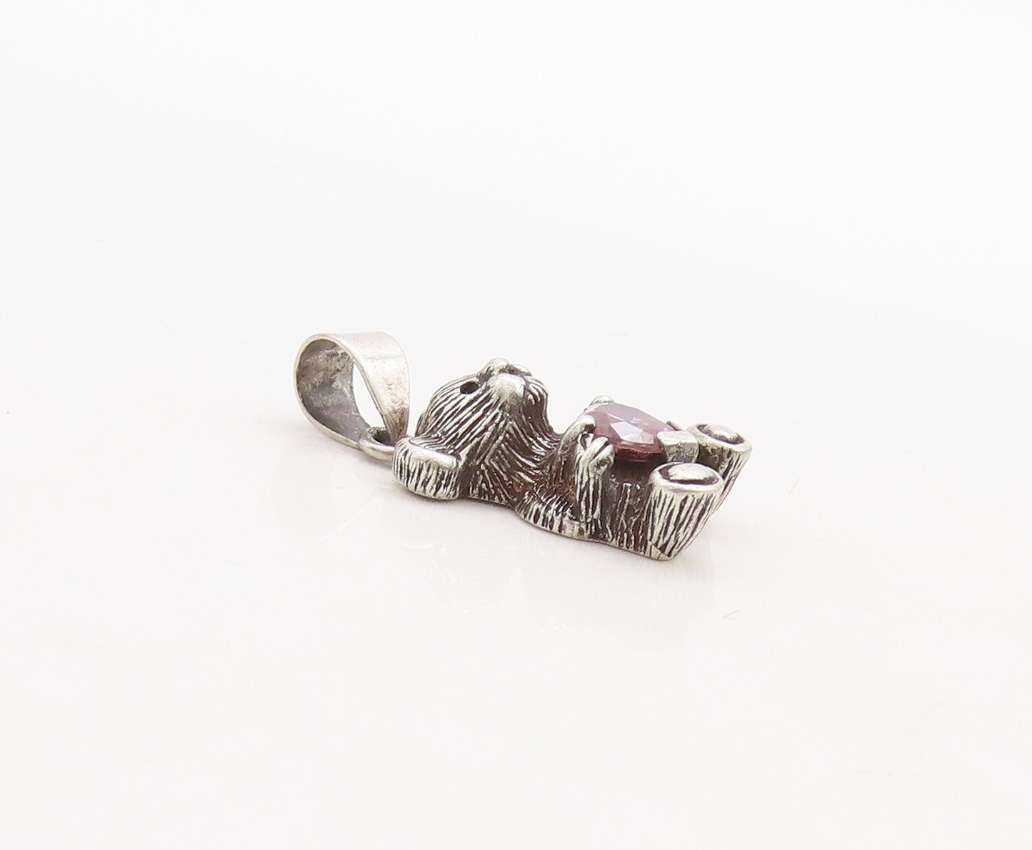 925 Sterling Silver Vintage Pendant Dark Tone Teddy With Pink CZ Heart  PT23698