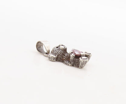 925 Sterling Silver Vintage Pendant Dark Tone Teddy With Pink CZ Heart  PT23698