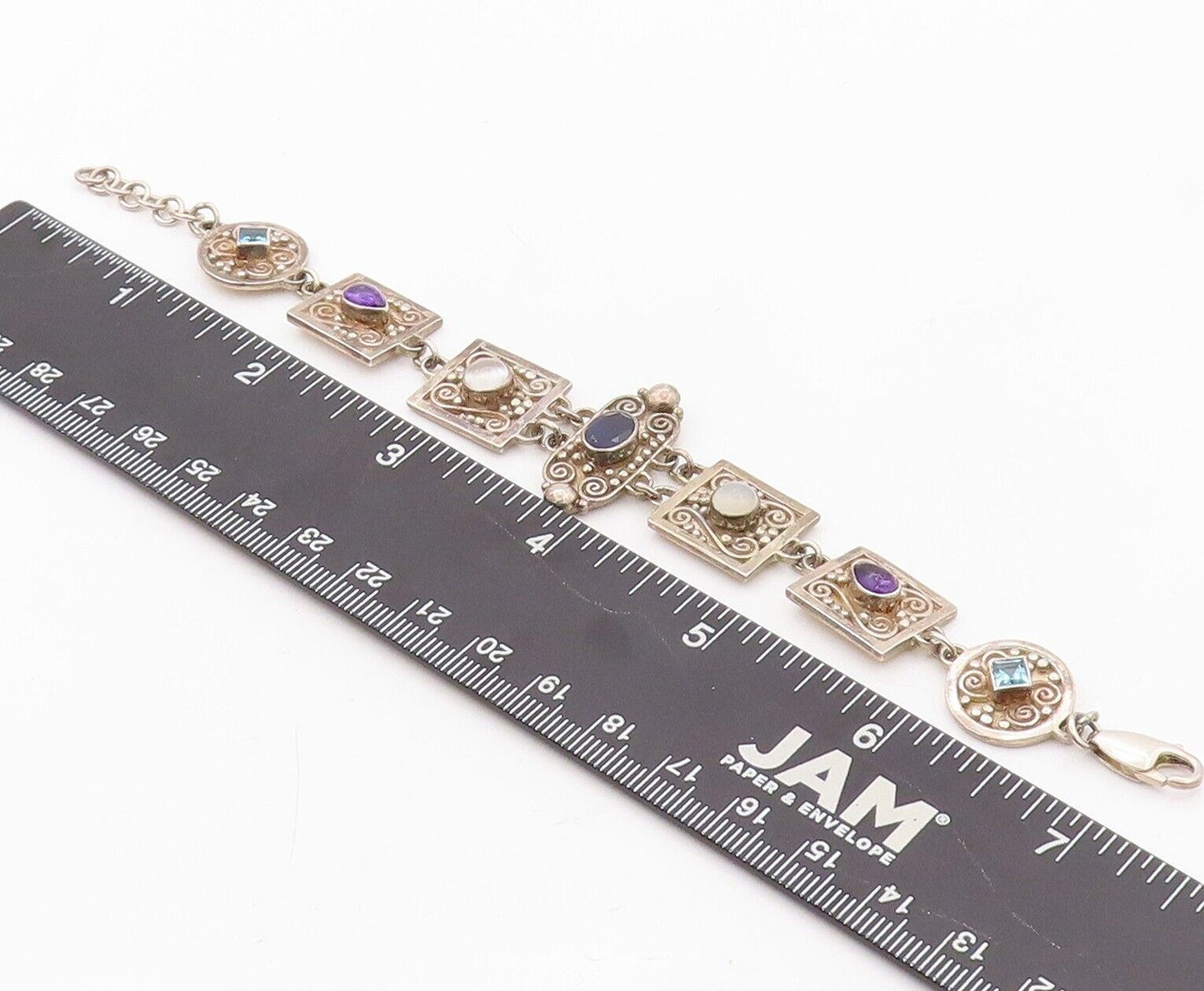 925 Sterling Silver Vintage Bracelet Antique Swirly Carved Gemstones  BT10804