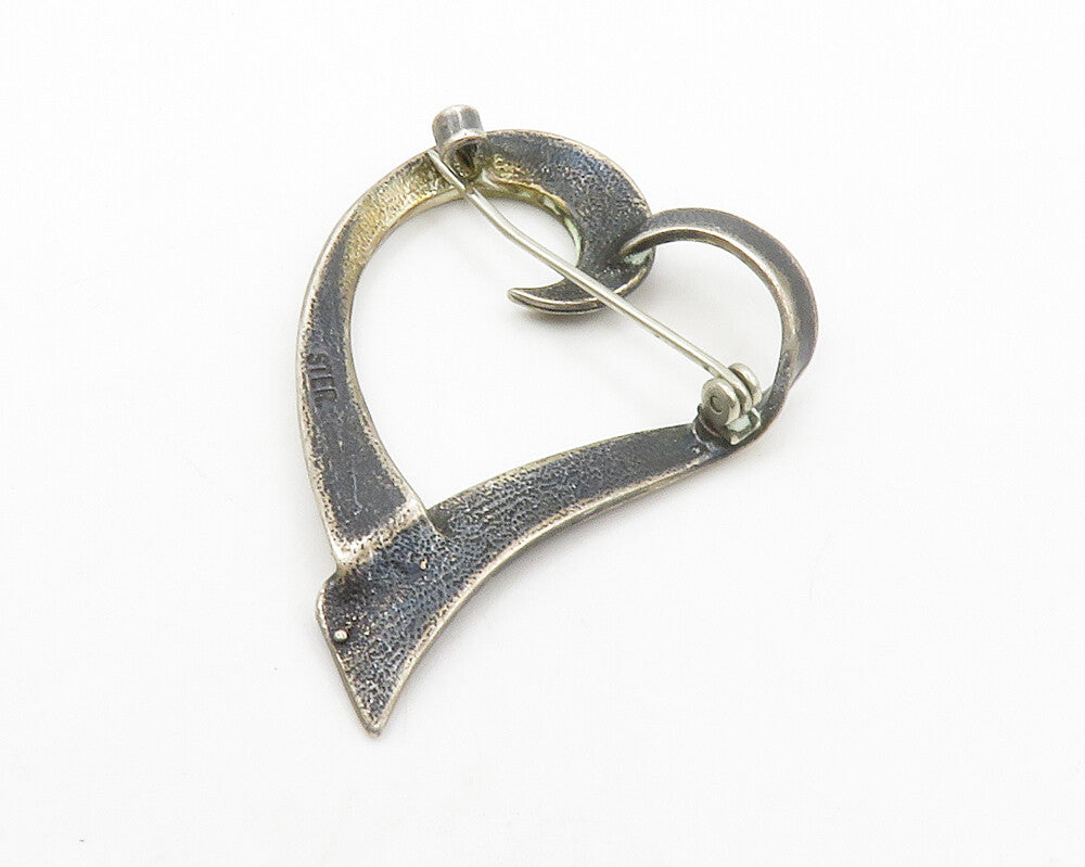 925 Sterling Silver  Vintage Dark Tone Open Love Heart Brooch Pin  BP5231