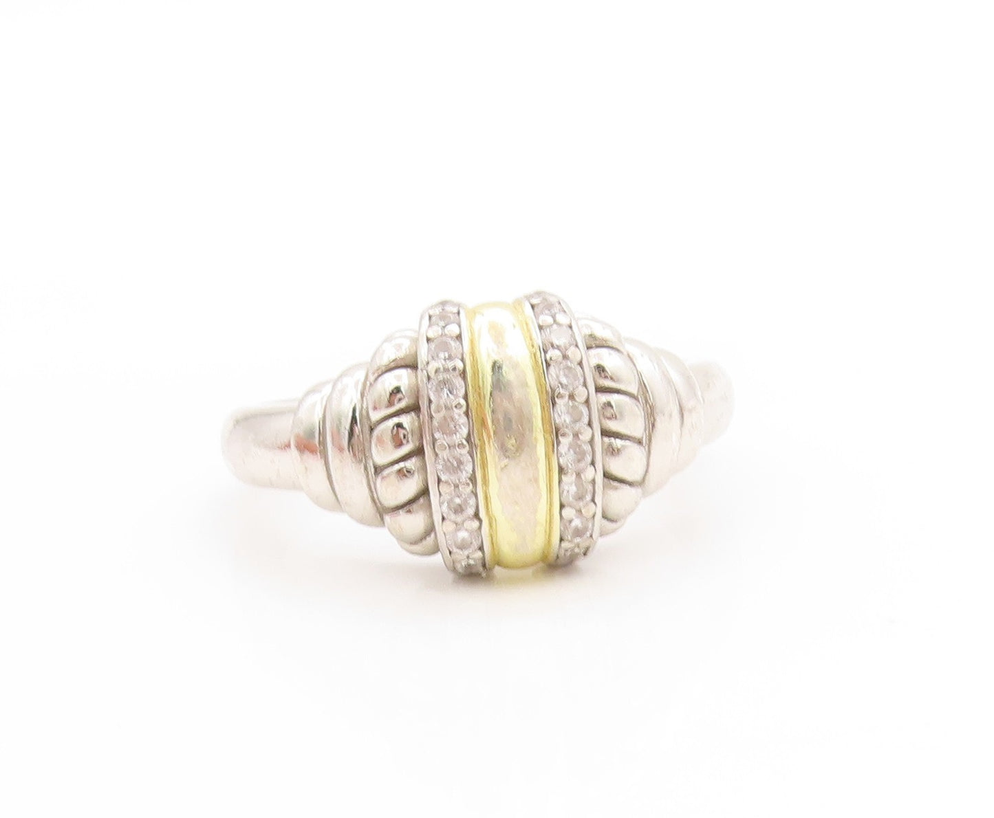 925 Sterling Silver Vintage Ring CZ Two Tone Statement Band  Sz 10.5  RG33708