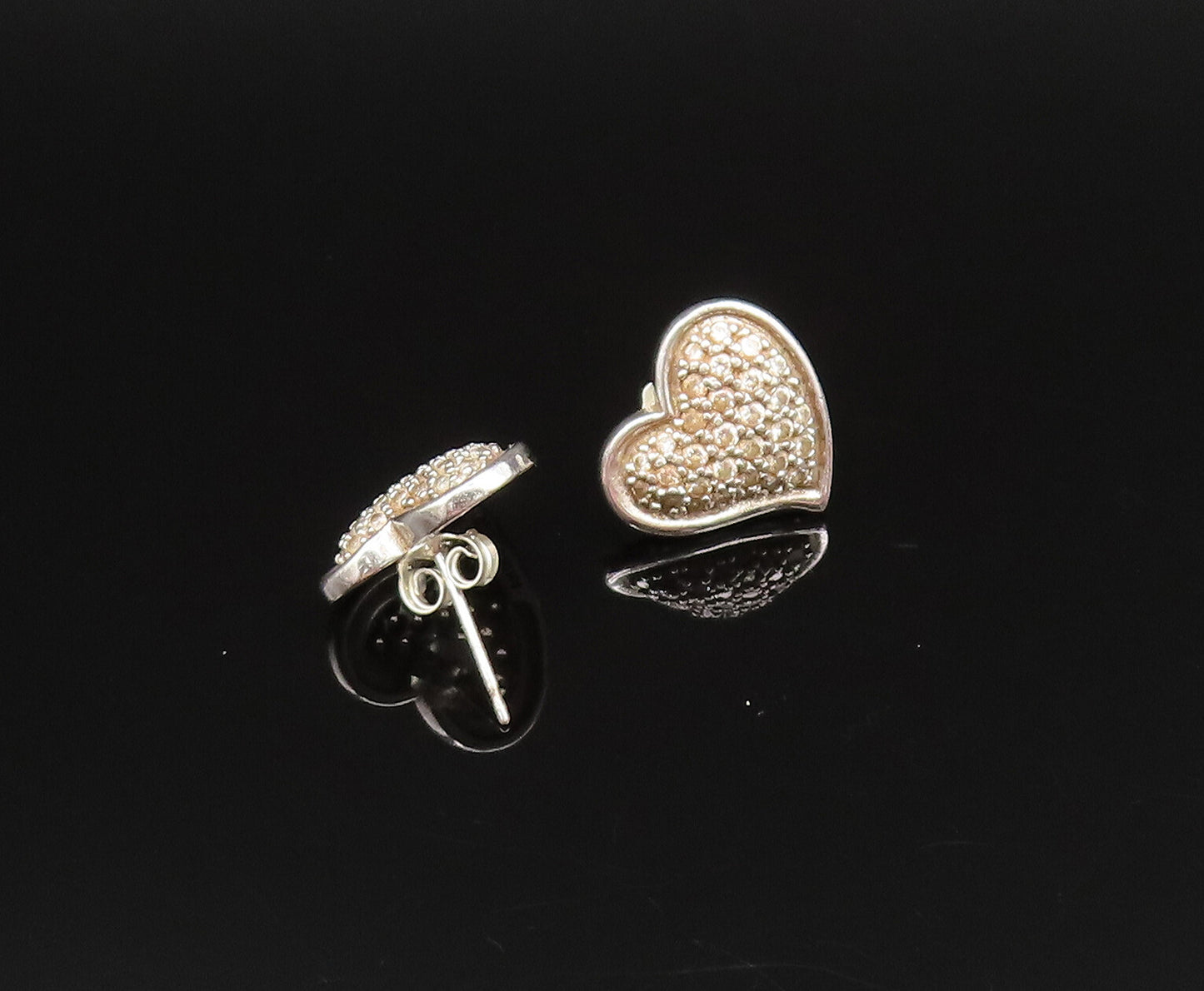 925 Silver  Vintage Dainty Sparkly Topaz Love Heart Stud Earrings  EG11996
