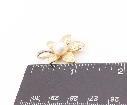 925 Sterling Silver Vintage Pendant Gold Plated Diamonds & Pearl Flower  PT24089