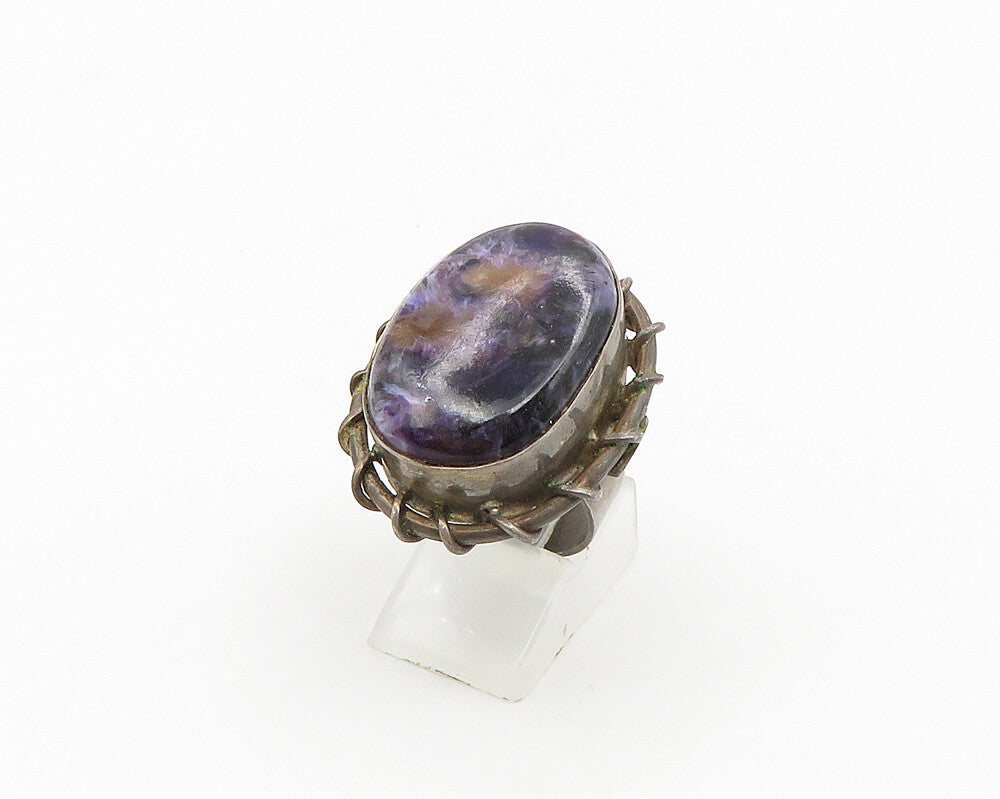 925 Sterling Silver  Vintage Charoite Stitched Cocktail Ring Sz 7  RG18708