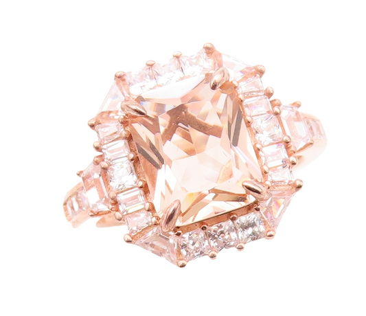 925 Sterling Silver Vintage Ring Rose Gold Plated Morganite & CZ  Sz 7  RG30481