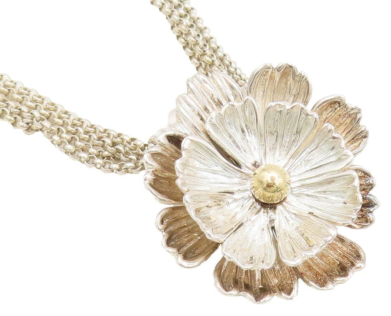 ESPO SIG 14k GOLD 925 Silver  Vintage Carved Flower Pendent Necklace  NE4205