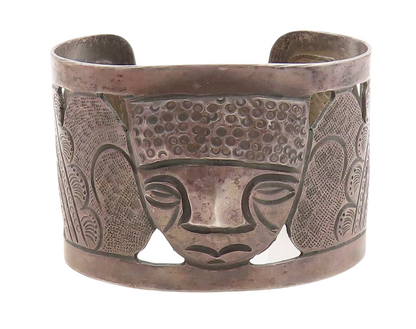 925 Sterling Silver Vintage Antique Oxidized Carved Face Cuff Bracelet BT2059