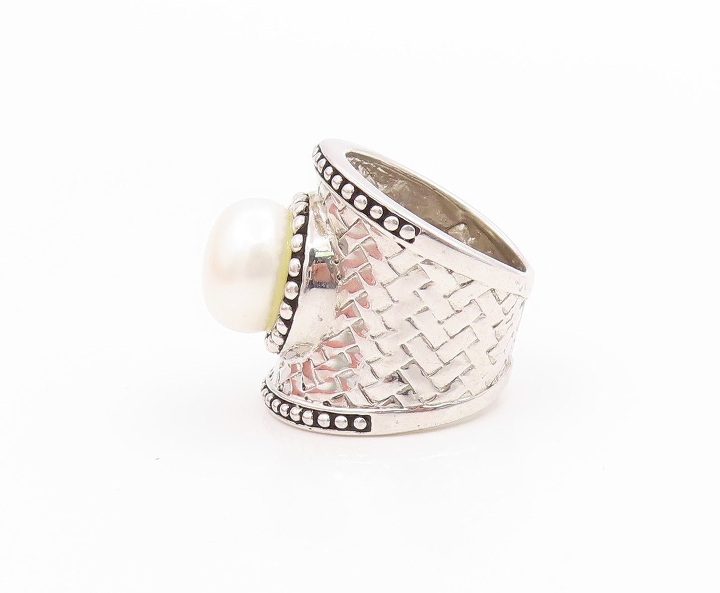 925 Sterling Silver Vintage Ring Round Pearl Wide Textured Band  Sz 7  RG35764