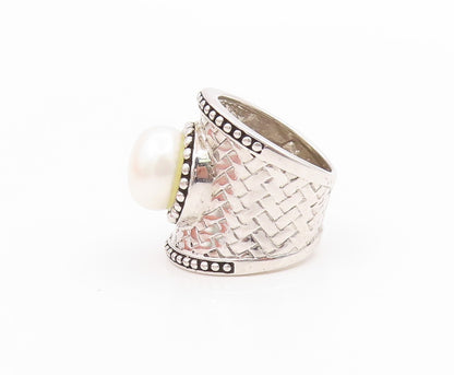 925 Sterling Silver Vintage Ring Round Pearl Wide Textured Band  Sz 7  RG35764