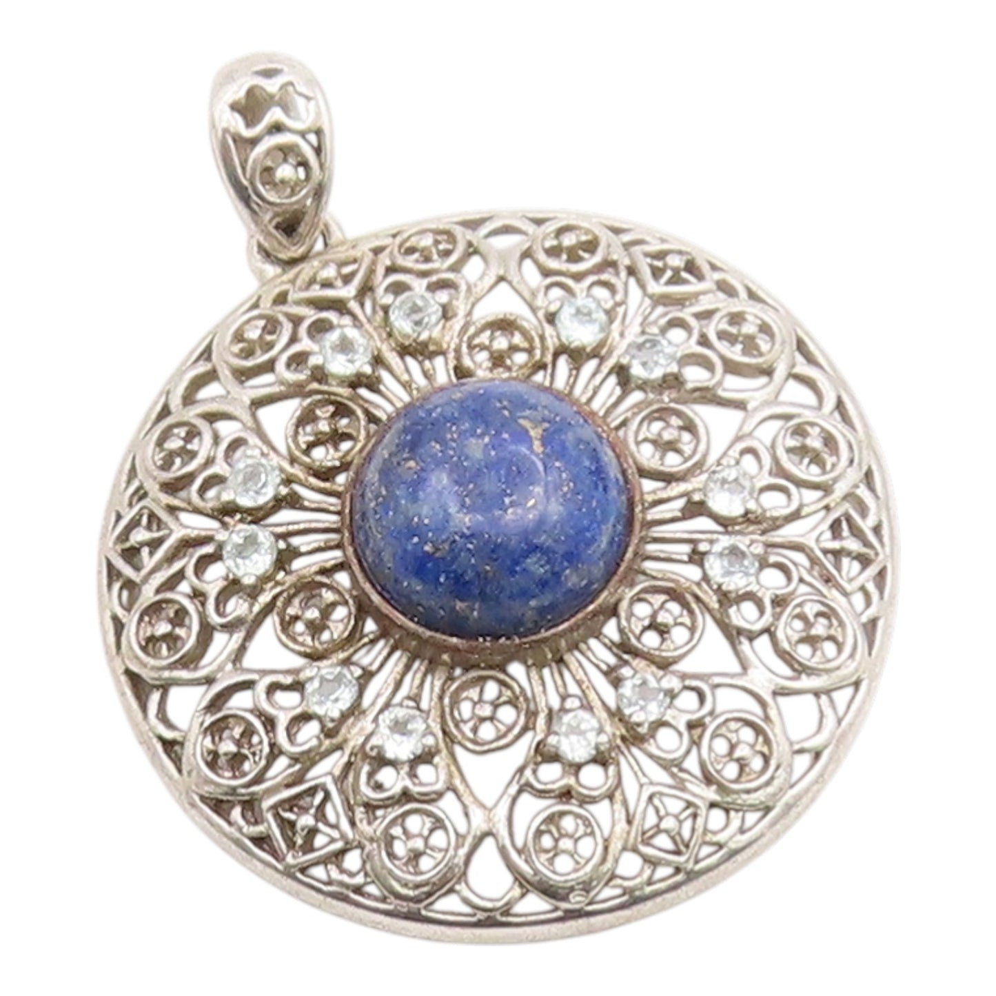 925 Sterling Silver Vintage Pendant Lapis Lazuli Intricate Openwork  PT26110