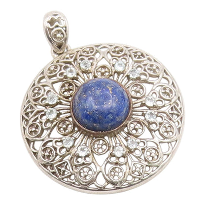 925 Sterling Silver Vintage Pendant Lapis Lazuli Intricate Openwork  PT26110