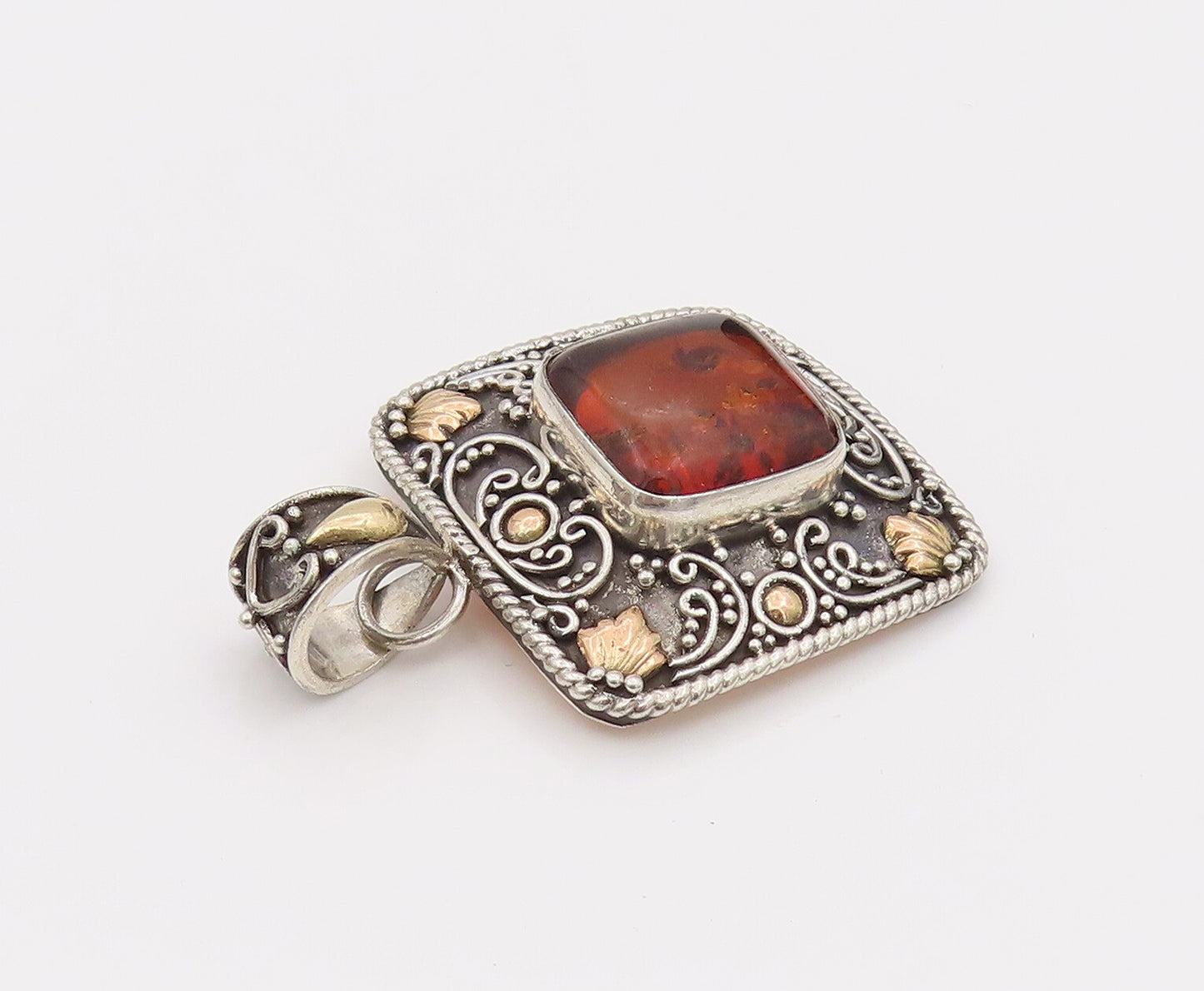 18k GOLD & 925 Silver  Vintage Square Bali Swirly Amber Pendant  PT22173