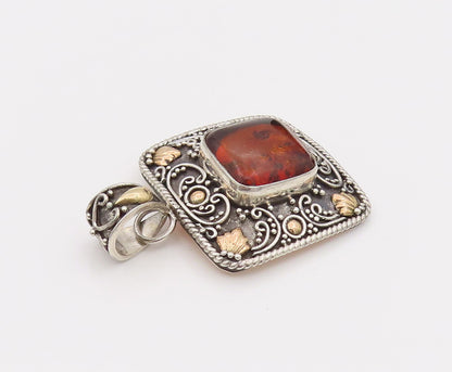 18k GOLD & 925 Silver  Vintage Square Bali Swirly Amber Pendant  PT22173