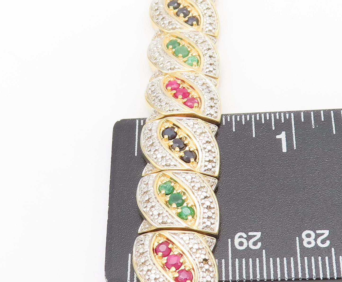 925 Silver  Vintage Gold Plated Ruby & Emerald & Sapphire CZ Bracelet  BT10124