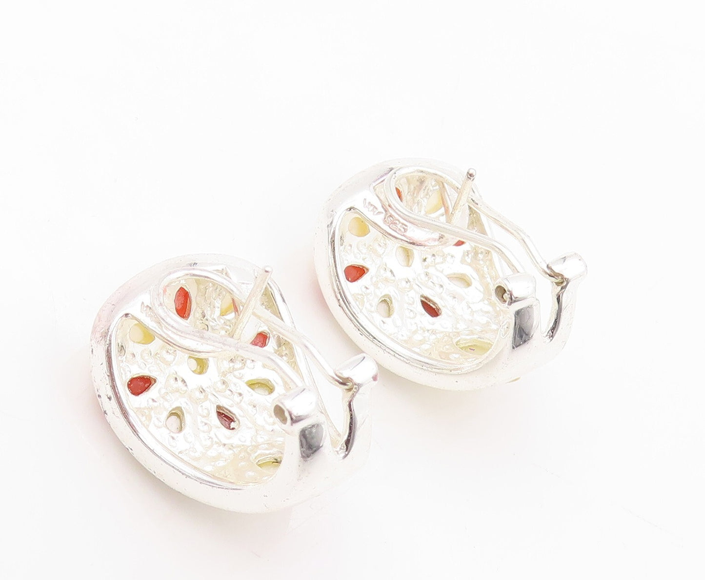 925 Sterling Silver Vintage Earrings Mother Of Pearl & Carnelian Flower EG13397