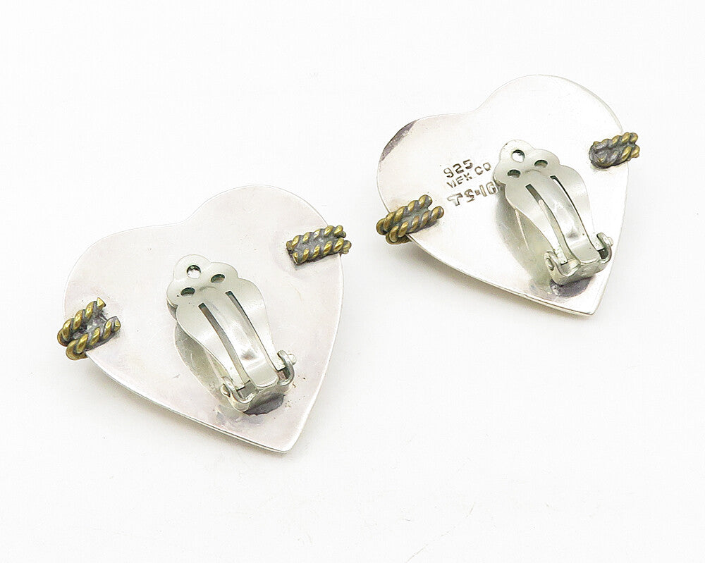 MEXICO 925 Silver  Vintage Rope Twist Love Heart Non Pierce Earrings  EG5644
