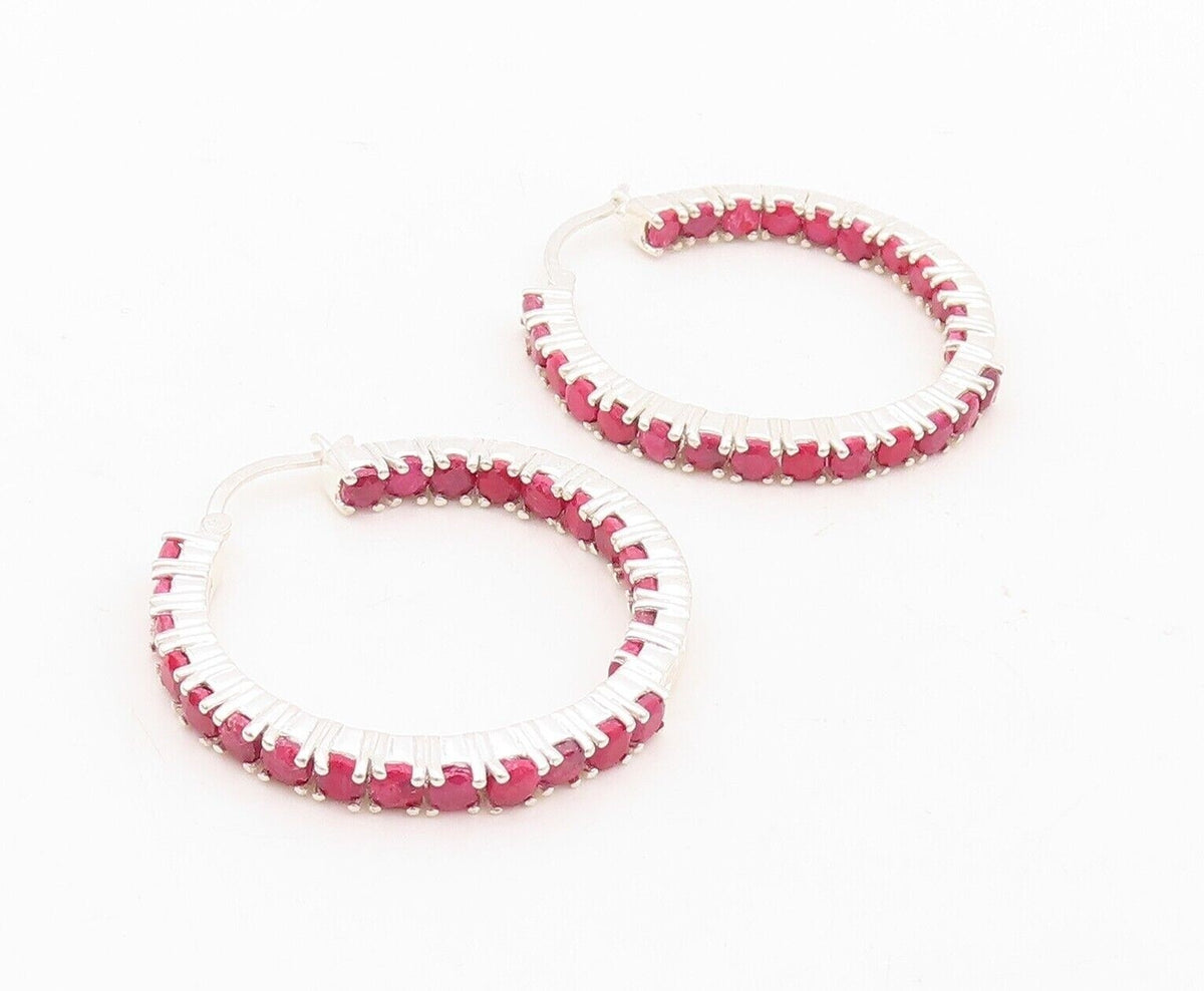 925 Sterling Silver Vintage Earrings Minimalist Ruby Inlay Hoops  EG13153