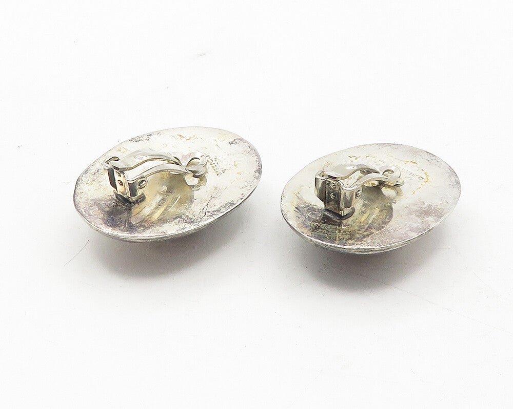 MEXICO 925 Silver  Vintage Dark Tone Oval Dome Non Pierce Earrings  EG5948
