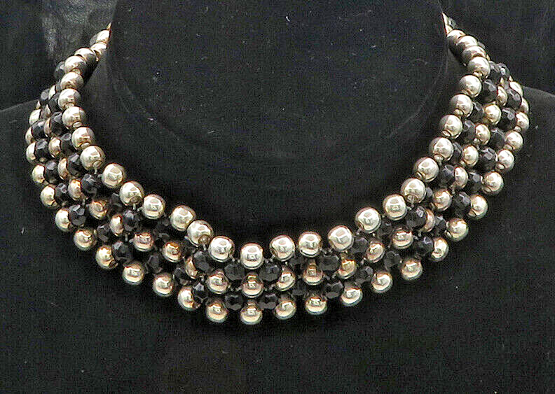 MEXICO 925 Silver  Vintage Heavy Black Hematite Beaded Chain Necklace  NE2948